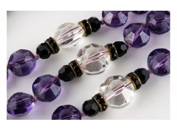 Special And Rare Elegant Heavy Rock Crystal, Amethyst And Black Glass Triple Strand Necklace