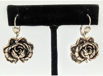 Charming Dangling Sterling Silver 3D Valentine's Day Roses Earrings 1'