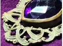 Very Antique Punched Brass Brooch With A Large Purple Facetted Paste Bezel Set Gem 2'