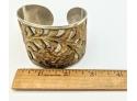 Ornate Wide Indian Art Cuff Bracelet ~ Applied Brass On White Metal 2' Wide ~ Pinch Adj.