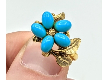 Gold Tone Flower Ring Turquoise Petals ~ Size 6-8 Adjustable