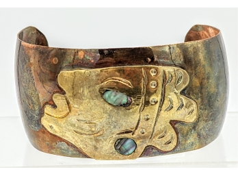 Amazing Artisanal Mayan King Head In Copper, Shell And Brass Arm Cuff