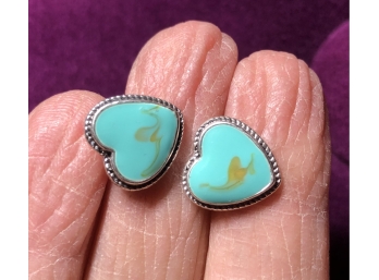 Reproduction Navaho Faux Turquoise Tooled Sterling Hearts Post Earrings 3/4'