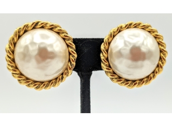 Large Baroque Pearl Clip-On Earrings With Golden Rope Edging By Carolee 1' ~ Evocative Of Chanel