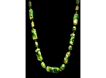 Seriously Spectacular!! Green Antique Foiled Glass Strand Heart-Stopping Necklace 35”