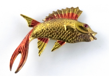 Vintage Pressed Brass Koi Fish Brooch With Ombre Tinting