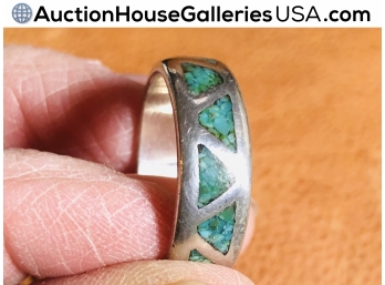 🦋 Turquoise Inlaid Sterling Band Large Size 11.5