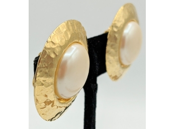 Sophisticated Large Hammered Gold Circles Clip-On Earrings With Pearl Centers