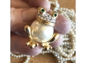 New! Pearl-Bellied Happy Frog Brooch With Emerald Eyes