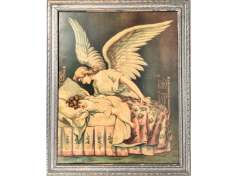 Angel Over Sleeping Baby Victorian Painted Wood Frame Artwork Under Glass