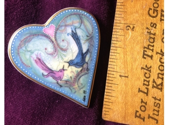 Original P. Buckley Moss Hand Painted Valentines Love Birds Gold Edged Porcelain Signed Art Brooch/Pendant