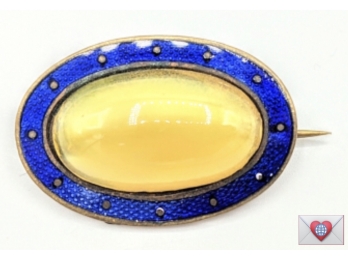 So Pretty Blue Enamel Vintage Brooch With Large Yellow Opal Glass Cabochon