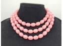 Designer Signed Vintage Set 3-Strand Luminous Pink Beads Necklace With Matching Clip On Earrings