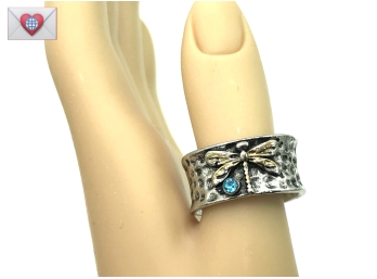 Artsy Hammered Band With Butterfly And Blue Glass Gemstone Ring Size 8