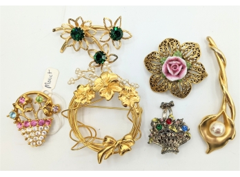 Collection Of Costume Brooches With Colorful Rhinestones And Small Pearls