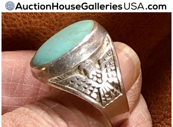 🦋 Heavy Huge Man’s Carved Sterling Ring Cabochon Turquoise Size 13 With Eagle