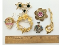 Collection Of Costume Brooches With Colorful Rhinestones And Small Pearls