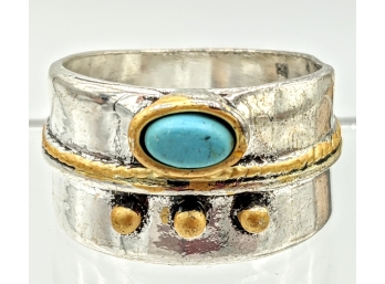 Wide Sterling Band With Gold Details And A Bezel-Set Cabochon Turquoise Size 9