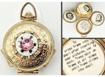 Vintage Coro 4 Photo Spring-Loaded Gold Locket Pendant Fob With Enamel Roses For Valentine's Day 2' Open