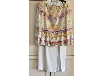 Gorgeous A. J. Bari Silk Line Colorful Sequin Bead Long Sleeve Shirt With White Maxi Skirt Size 4