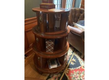 Round Tiered Mahogany Side Table With Shelves And Ornate Brass Pulls Decorations