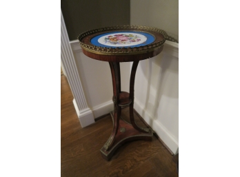 Lovely Small Tripod Table With Sevres Plate Top And Brass Trim
