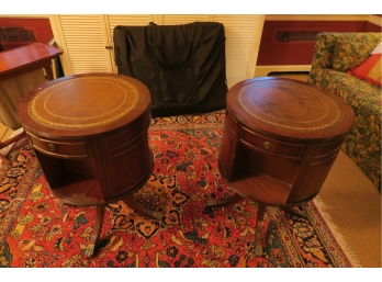 Two Round Mahogany Leather Top Side Table