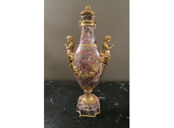 Stunning Pair Of Decorative Ormolu, Pink Marble And Bronze Urns
