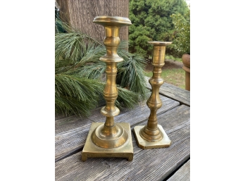 Two Antique Brass Candlesticks Georgian Style, With Square Bases