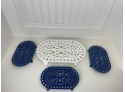 Four Wrought Iron Trivets, Painted Blue And White