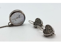 Sterling Silver And Marcasite Locket Containing A Clock And Heart Shaped Sterling And Marcasite Earrings
