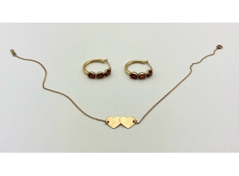 14K Gold Double Heart Ankle Bracelet Coupled With A Pair Of 3/4' Garnet Hoop Earrings