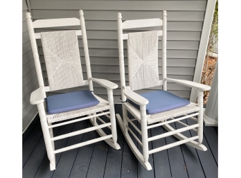 EQ - Pair Of Serena & Lily Style White, Wicker Rocking Chairs With Light Blue