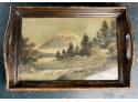 Antique Needlepoint Scene Of Mt. Everest Set In Glass In Wooden Tray