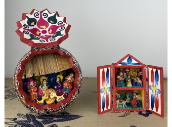 Gourd With Nativity Scene And Vox With People In The Style Od Day Of The Dead - Dia De Los Muertos