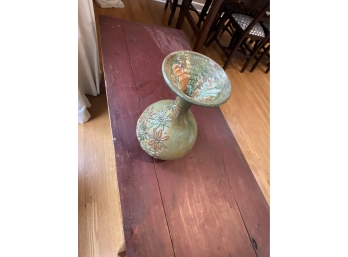 12.5' Earthenware And Green Glaze Hand Thrown Ceramic Vase With Flowers