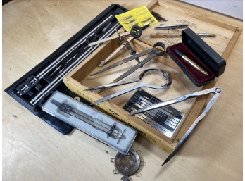 Selection Of Compasses And Drawing Tools Some In A Cigar Box