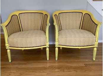 W - Pair Of French Custom Upholstered And Yellow Finish Arm Chairs With Nail Heads