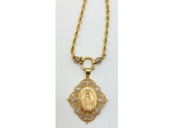 14K Yellow Gold Twisted Chain Necklace Including Miraculous Medal Pendant Ft. Filagree & Diamond Chips