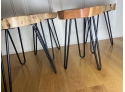 Five Tree, Wood Cross Section Stools With Bent Iron Legs