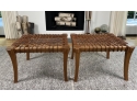 NEW LOT! - Pair Of Vintage Modern Klismos Style Stools Or Ottoman - Woven Leather Seat With Wood Base