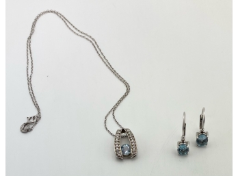 Sterling Silver With Cubic Zirconia And Faceted Blue Topaz Pendant And Earrings Set