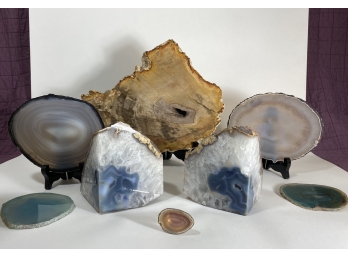 Petrified Wood, Geode Bookends, Geode Coasters And Geode Bottle Stopper