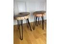 Five Tree, Wood Cross Section Stools With Bent Iron Legs