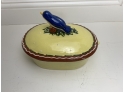 Signed Luna Garcia Terracotta Tableware Tureen, In Yellow Glaze With Blue Bird