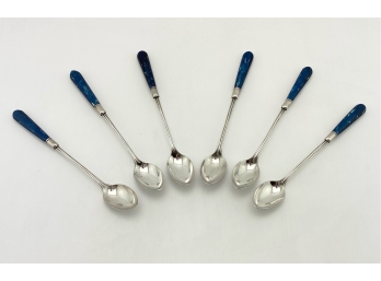 Long Sterling Silver Spoons With Blue And White Resin Handles