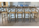EQ - 5 Ballard Designs X Back, Rattan Bent Wood Bistro Bar Stools With Arms And Woven Seat
