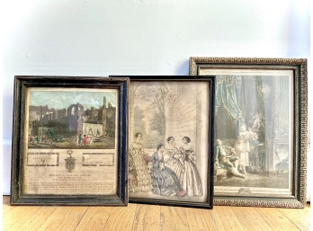 Three Phenomenal Antique Frames With Plates From Books - Note The Backside Of The Largest Of The Three
