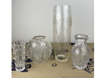 I Wish I Kept These!! Three Crystal Bud Vases, One Etched Glass Tall Vase