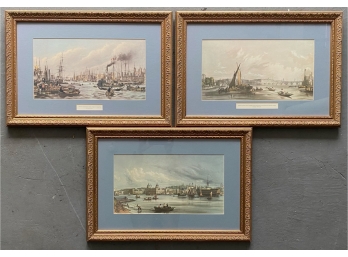 Three Prints Of British Water Scenes With Row Boats, Steam Ships And Sail Boats In Gilded Frames